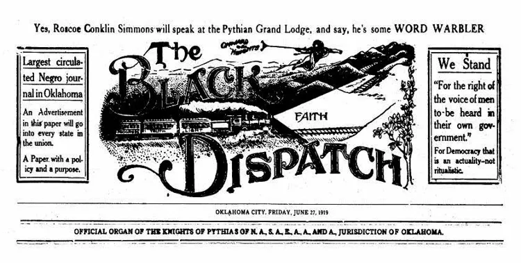Masthead of the Oklahoma Black Dispatch.  An unmuzzled mouthpiece of the truth.