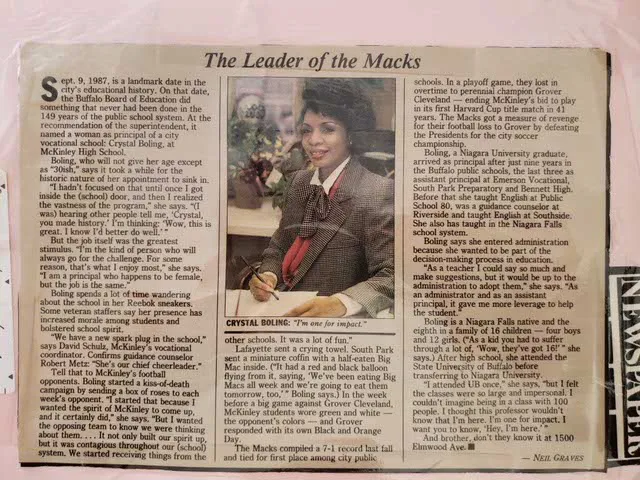 This article describes appointment of Ms. Barton as first female principal of a vocational high school in Buffalo.